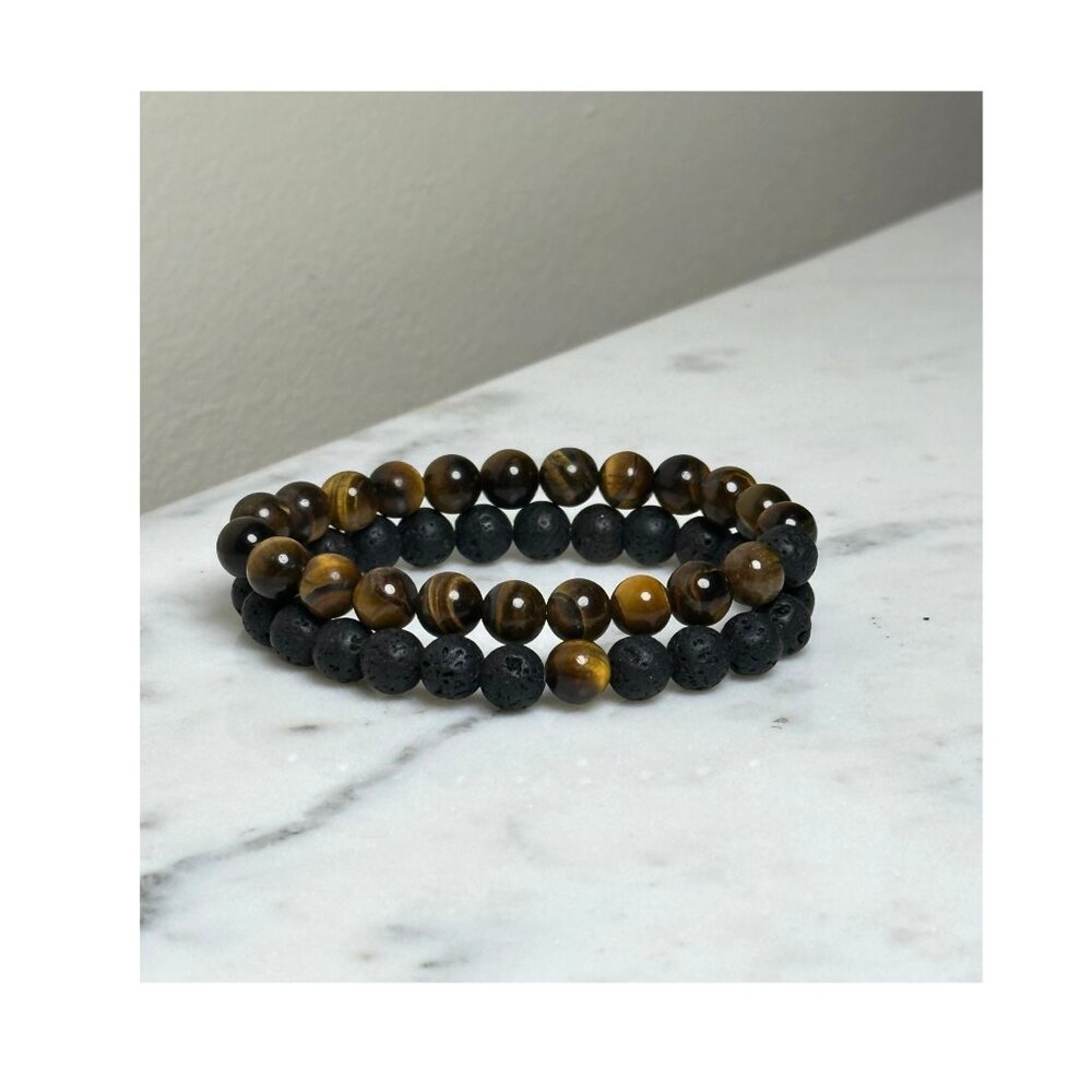Tiger's Eye & Lava Stone Beaded Bracelet Set Essential Oil Diffuser Bracelets